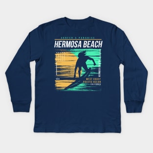 Retro Surfing Hermosa Beach, California // Vintage Surfer Beach // Surfer's Paradise Kids Long Sleeve T-Shirt